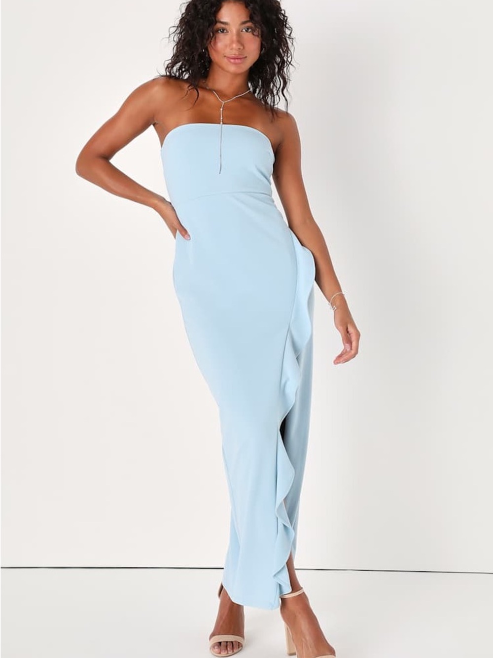 Lulus After Hours Light Blue Strapless Ruffled Maxi Dress Size S NWT